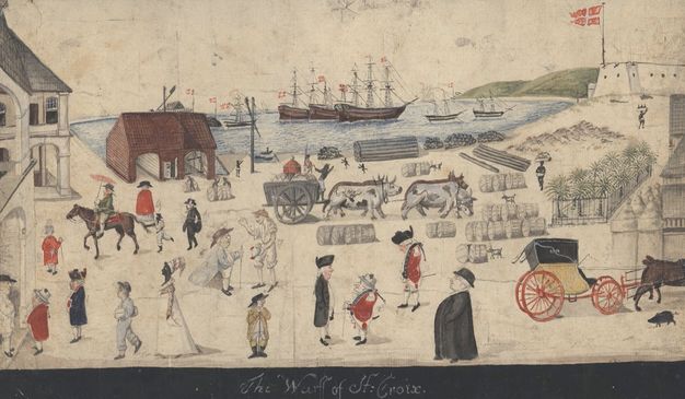 Watercolour. Pale-skinned men, women, and children walk along a seaside wharf. A few people and several children with black-coloured skin walk, play, or work among the group. Boats are anchored in the harbour, over which flies a flag with a white cross on a red field.