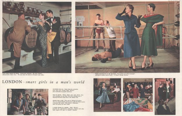 Magazine spread. Six colour pictures show men and women at a tap room, in and at the edge of a boxing ring, a pool hall, and other locations. The scenes are carefully composed and the people in them pose.