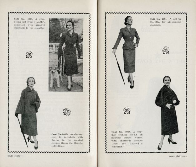 Publication spread. Four pale-skinned women wearing skirt suits are shown in black and white spaced across two pages, and each is accompanied by text. One woman is shown with a dog on a leash, walking on a sidewalk. The other three have been cut from their original contexts.