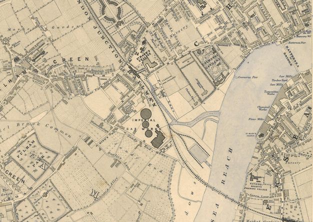 Map. Detail view of an area around Battersea Reach.