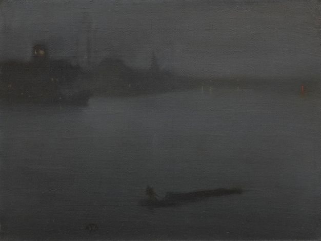 Painting. A river at night is lit only by a pair of windows in a tower to our left. Once our eyes adjust to the darkness, we find a barge floating on a steel-grey river, and silhouettes of buildings against a dark sky above.