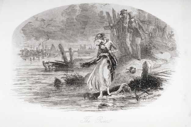 Print. In an oval frame, a woman with wild, dark hair and wearing tattered clothing stands tentatively at the edge of a river. Two men look on from the shadows behind her, and the London skyline is faint grey in the distance to our left.