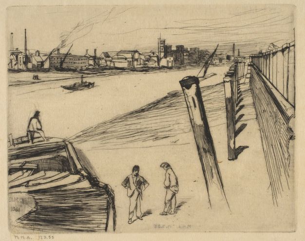Print. Two men stand on ground that slopes down to a river. A line of mooring posts stretches away from us, to our right. The post closest to us juts out at an angle to our left. Buildings line the opposite bank of the river.