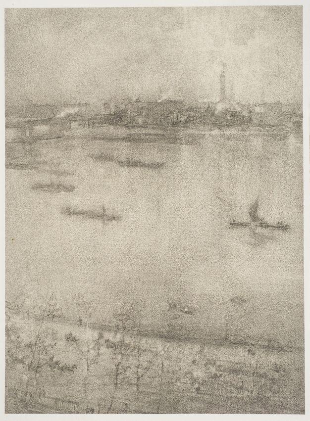Print. A view of a town on the far side of a river is only slightly darker than the water and sky around it, making this vertical lithotint nearly a single, silvery tone.
