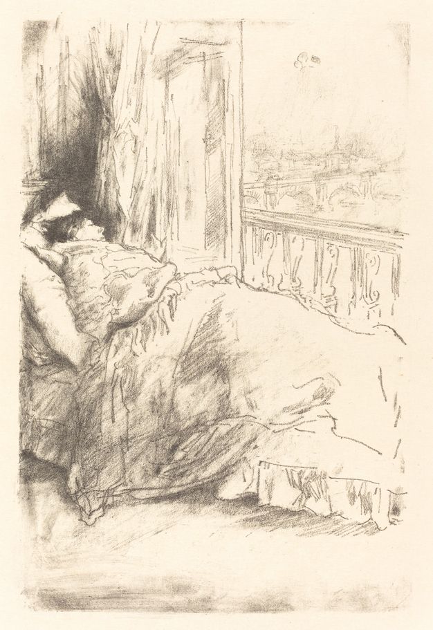 Print. A woman swathed in blankets lies back on pillows on a sofa placed near a balcony door. The city skyline is loosely drawn in the distance over the balustrade railing.