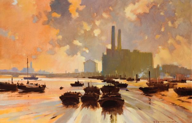 Painting. The surface of a river is streaked with the tangerine orange, butter yellow, and slate blue of the sunset sky. Dark brown boats seem to speed away on the quickly receding river towards army-green silhouettes of factories and buildings along the horizon.