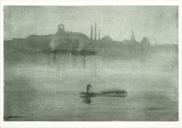 Print. Smokestacks and buildings make a hazy, watercolour-like silhouettes in this blended, silvery lithotint. A person rows or works on a barge close to us.
