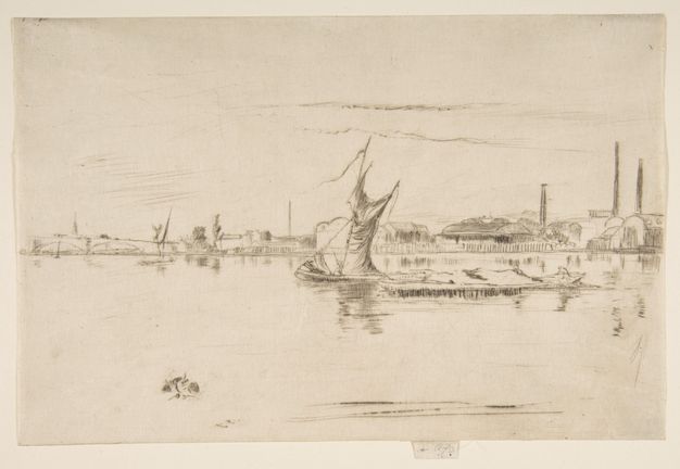 Print. A barge floats across the clear surface of a river, which is lined on the far bank with factory buildings and smokestacks in this etching.