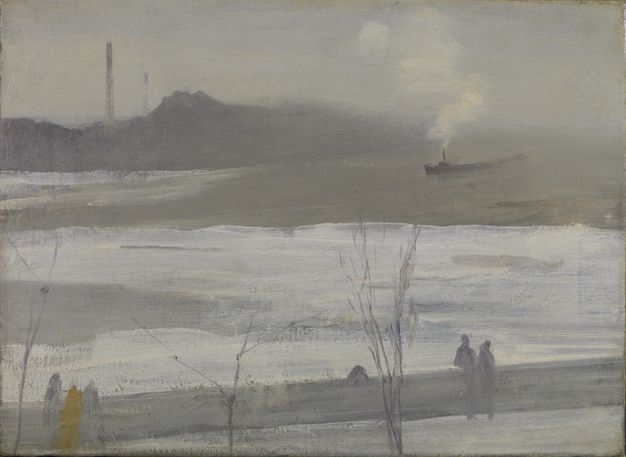 Painting. Broad brushstrokes in white, steel grey, and ash brown laid across a canvas capture a snowy river landscape. Loosely painted silhouettes of people stand at a wall along the bottom edge of the canvas. A boat puffs steam on the river, to our right.