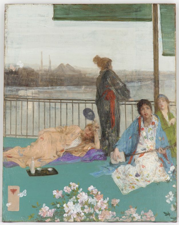 Painting. Four women sit or stand on a teal-green surface overlooking a river. They wear kimonos or robes in peach, black, grass green, or topaz blue. One woman stands at the railing, facing away from us. Two of the others have pale skin, and one may have medium skin.
