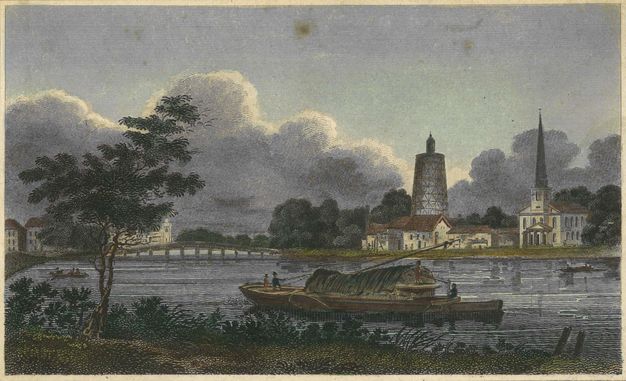 Print. Hand-coloured engraving shows a barge on a river at twilight. A mill lines the far bank next to a church with a pointed spire.