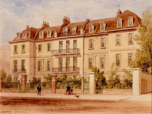 Watercolour. The centre of five sections of a four-storey structure has balconies on the second and third levels.