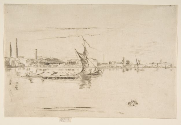 Print. A barge floats across the clear surface of a river, which is lined on the far bank with factory buildings and smokestacks in this etching.