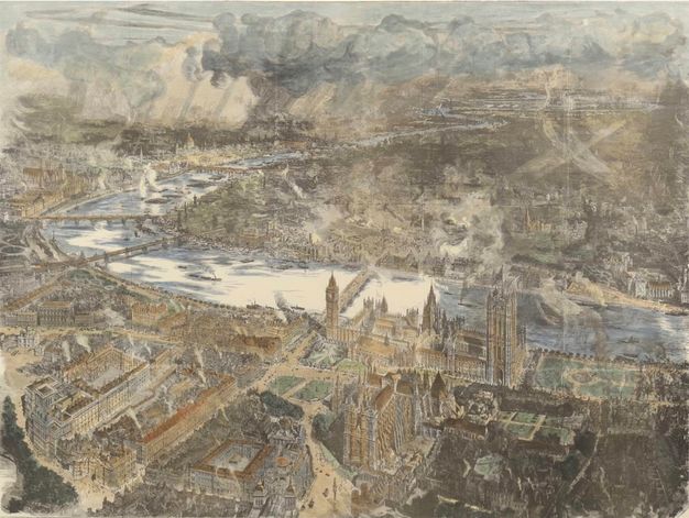 Print. We look down onto the River Thames and city of London in this coloured engraving. Curtains of rain fall from clouds in the distance to our left. Smoke from chimneys seems to mingle with low, swirling clouds closer to us.