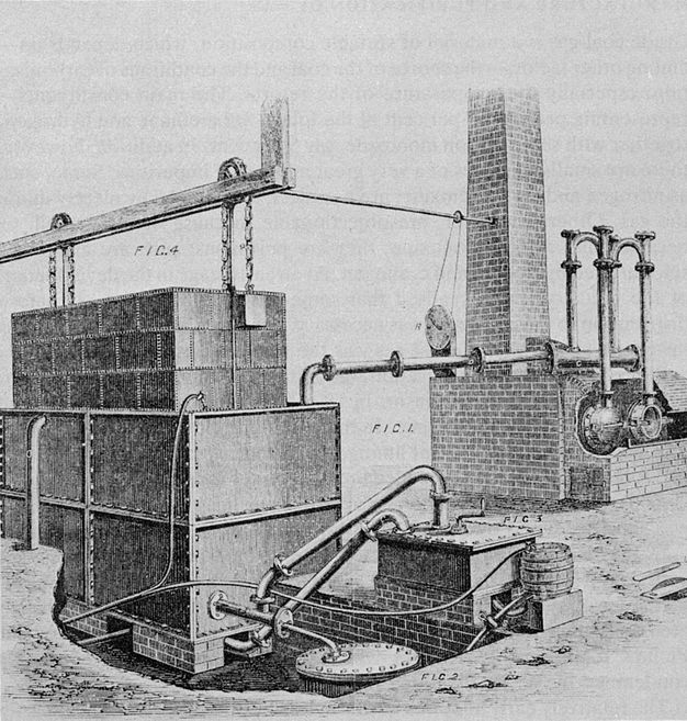 Illustration. Brick and plate metal structures support machinery with pipes and valves.