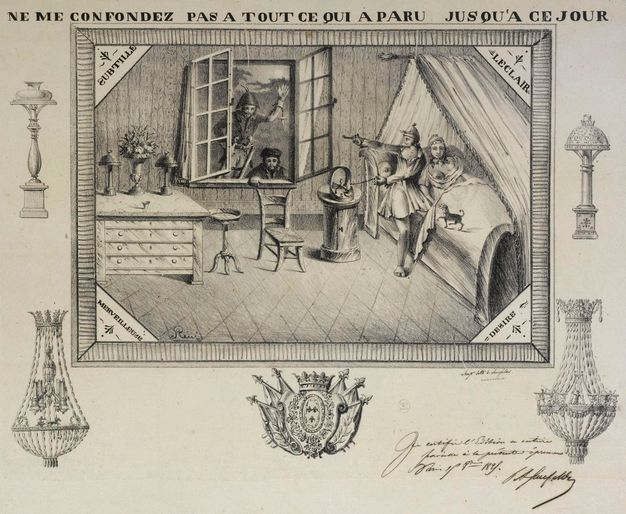 Print. Two people look from a window into a bedroom. A man and woman are in bed, the woman with one breast exposed. The man half-stands as he lights a lamp with one hand and points a revolver with the other. Four lamps and chandeliers are drawn around the illustration.