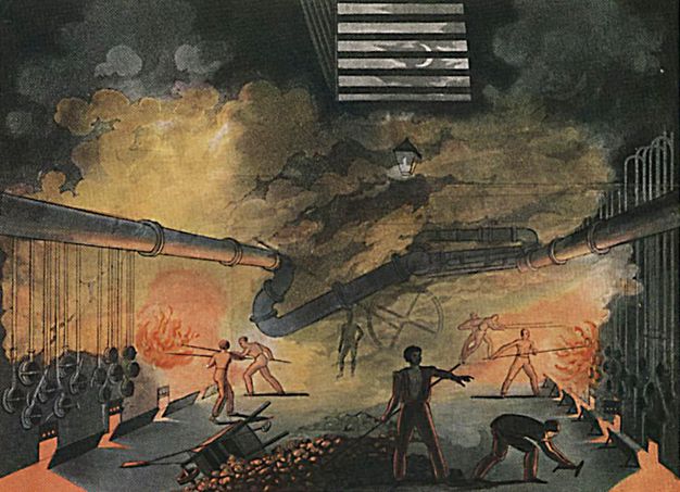 Print. Men with long sticks work in a space lined with fires on both sides. Mustard-yellow smoke pours from coral red fires, which illuminate the men working there. Two men are near a pile of coal close to us, and a man with one hand on a hip is silhouetted against the smoke in the background.