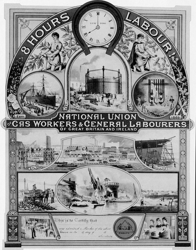 Frontispiece. Vignettes of people working near ships, tanks, and gasworks are set within frames. Text in the arched top reads, “8 Hours Labour!” A clock face there is set to 8:00 and text on the face reads “New Time”.