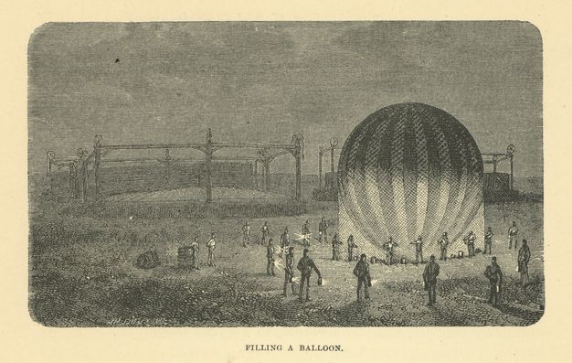 Print. Two rings of men stand holding lights or lanterns around an inflating balloon at night.