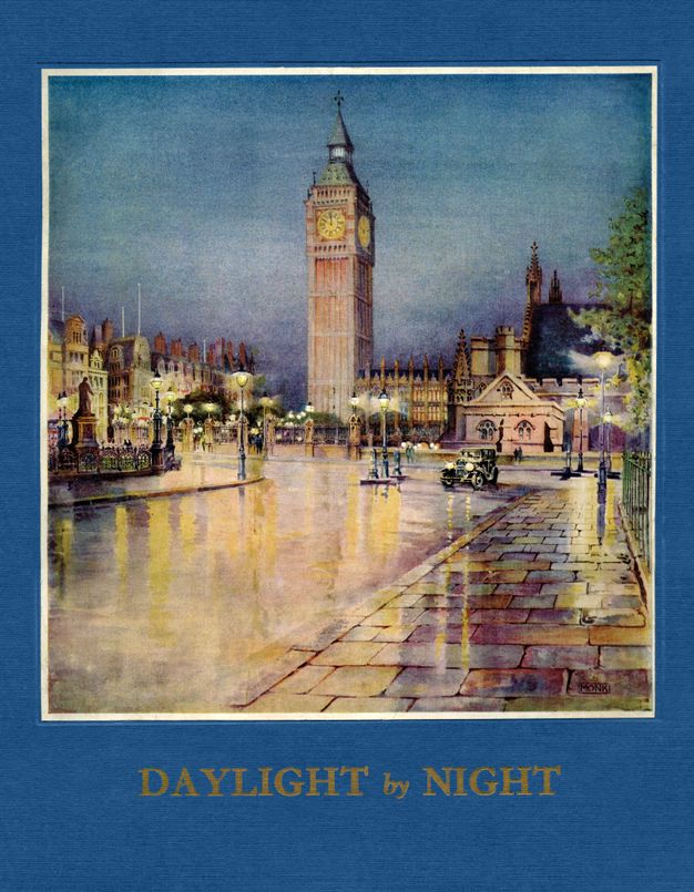 Book cover. A city street and stone sidewalk shine with golden, reflected lamplight in this nighttime view of Big Ben. The watercolour illustration is on a blue fabric cover with the title in gold below.