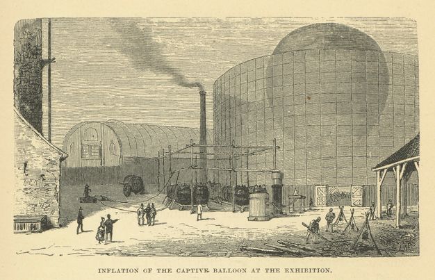 Print. An inflated balloon sits inside a cylindrical, open-roofed structure.
