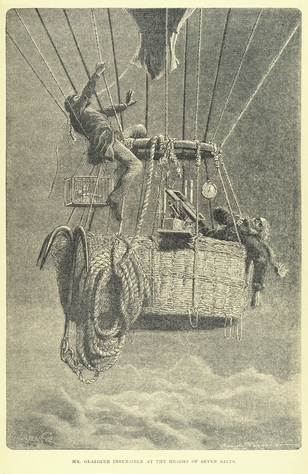 Print. A man swoons with one arm over the edge of a basket hanging beneath an inflated balloon. Another man climbs onto a ring beneath the mechanics of the balloon. He clings to a rope with one hand the other flails out. A rope leads to his mouth, which is hidden behind his raised arm.