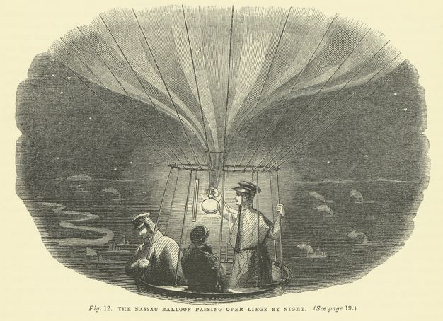 Print. Three men look out onto a dark night from the basket of a balloon in this black and white illustration.