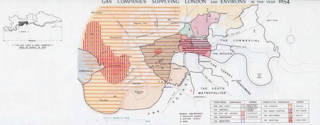Map. A map of London is colour-coded to show which companies supplied gas in which areas. A legend is in the lower right.