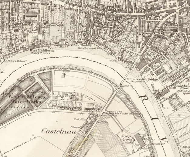 Map. A building is highlighted in blue on the bend of the Thames River. The area around it is labelled Marlborough Wharf.