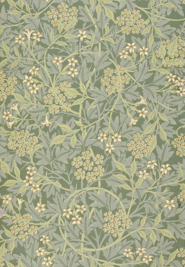 Printed paper. Frosty mint-green flowers, stems, and leaves curl among slate-blue leaves and cream-white flowers, all against a moss-green background.
