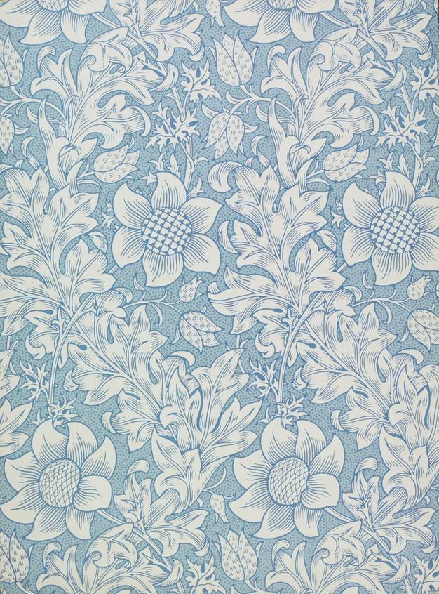 Printed paper. Sunflower-like blooms, bell-shaped, checkered blossoms, and thick bands of leaves are against a background stippled with marine blue against muted stone blue.