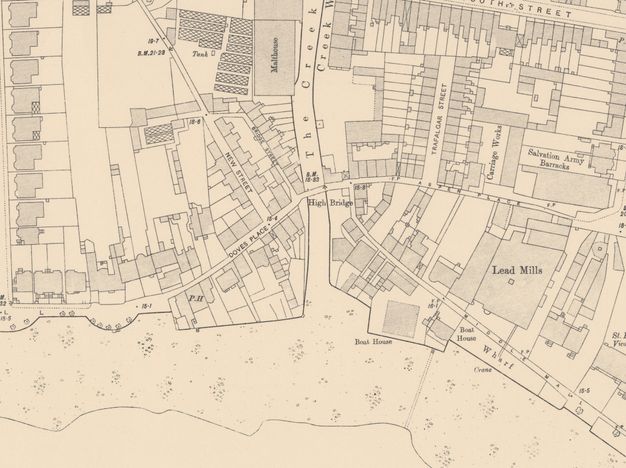 Map. A building is highlighted in blue at the edge of a residential area off of Doves Place.