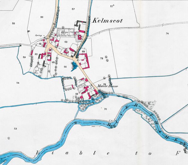 Map. A “Manor House” is off a bend of the River Thames. The river and some channels are painted blue, and some of the buildings bright pink. Lanes are painted yellow in an area labelled “Kelmscott”.