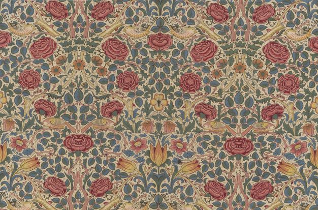 Textile. Deep pink and red, stylized roses are arranged in roughly hourglass-shaped lines against a web of pink and yellow stems, peach-coloured flowers, yellow tulips, birds, and blue and green leaves against an ivory-white background.