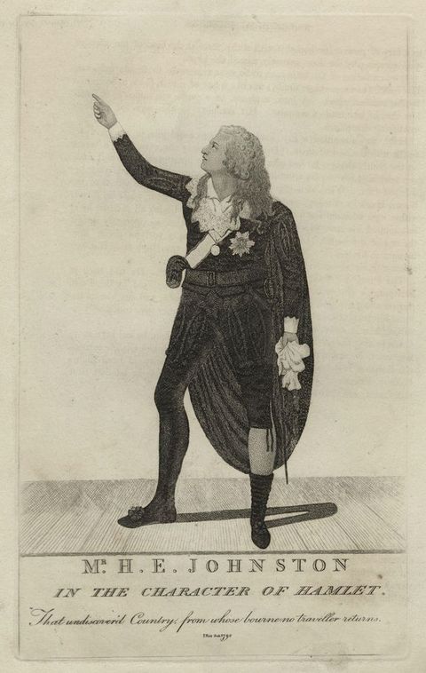 Print. A pale-skinned man with loose curls stands on a stage and holds up one hand. He wears a cape over a black suit. Text below reads, “Mr H. E. Johnston in the Character of Hamlet”.