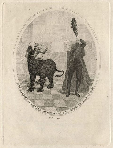 Print. A man wearing a black cloak over a black suit holds up a gnarled club. To our left, a four-legged animal with a dark body has six heads, each of which is a wigged, pale-skinned man.