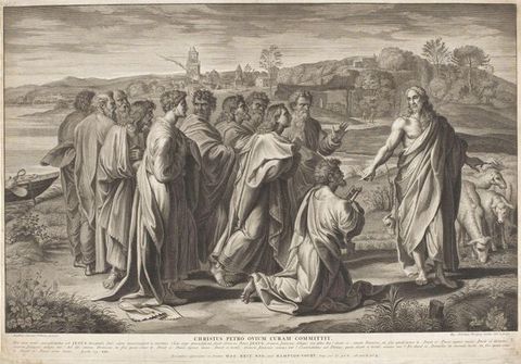 Print. A muscular man wrapped in a robe hands an oversized key to a kneeling, bearded man in this engraving. Eleven men gathered to our left look on or at each other, all against a deep landscape next to a body of water.