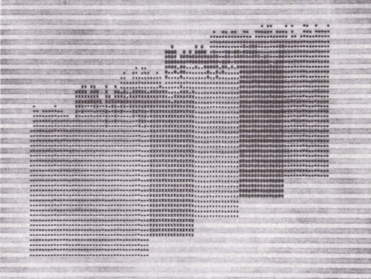 Computer generated drawing. Dots or rectangles in different thicknesses make up five overlapping panels that create a diagonal from the lower left to upper right corner. The dots are printed on paper striped with white and light grey.