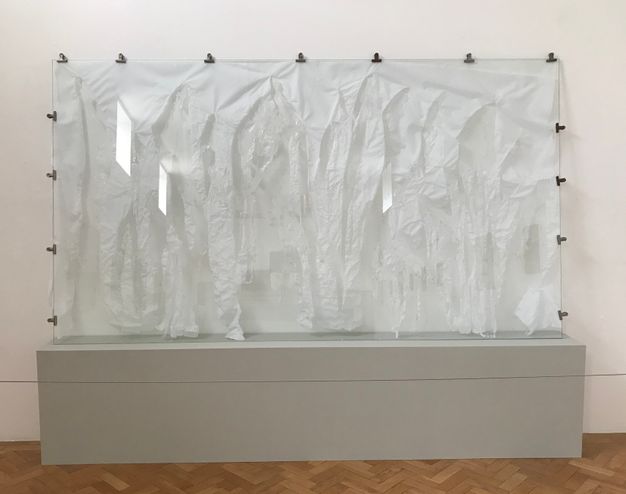 Installation. A tattered white cloth is displayed behind glass against a white wall. Fifteen bulldog clips hold the cloth to the glass, which is on a grey platform.