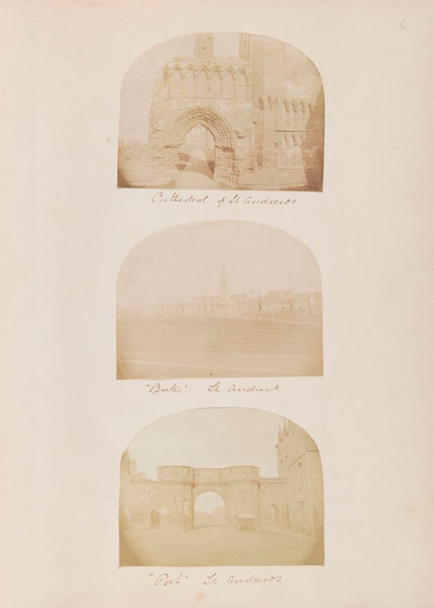 Album page. Three pale, brown and white photographs show stone buildings or ruins.