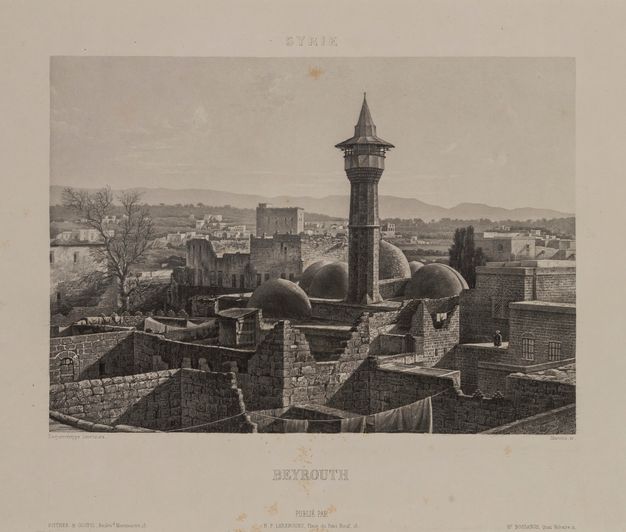 Print. We look across open-roofed or partially ruined stone structures at a tower that rises amid four rounded domes. A town stretches into the distance.