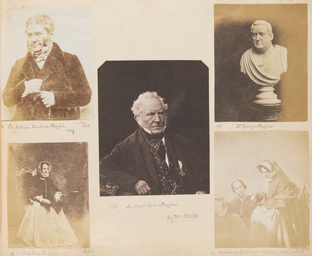 Album page. Five black and white photographs are affixed in a loose X-shape in an album. Two show men with mutton chops and high-collared shirts. One picture is of a marble bust, another of a single woman wearing a bonnet and a shawl, and the final one shows two women.