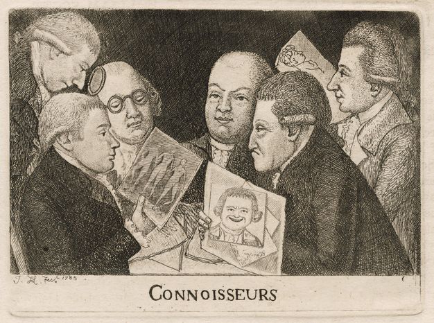 Print. Six pale-skinned, clean-shaven men look at three works on paper they hold up. They are shown from the waist up and lean close to each other.