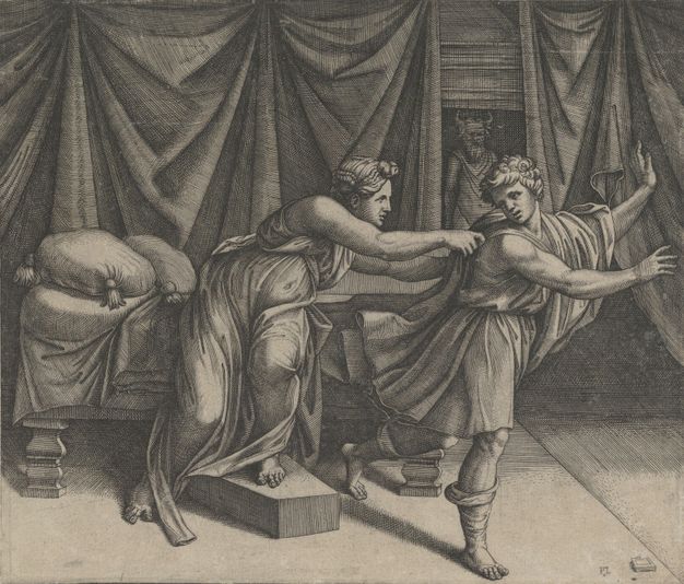 Print. A woman half-sits on a bed and lunges for a man who darts away, arms outstretched.