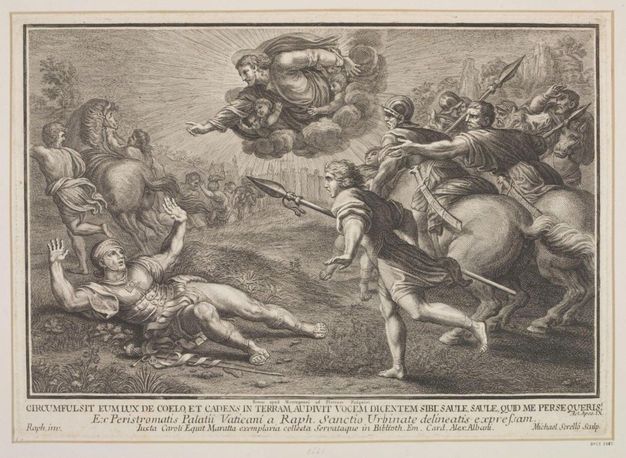 Print. Several men and horses run towards a man who has fallen onto the ground, hands raised. A haloed man flanked by winged, child-like angels swoops down on a bank of clouds. Latin text is below.