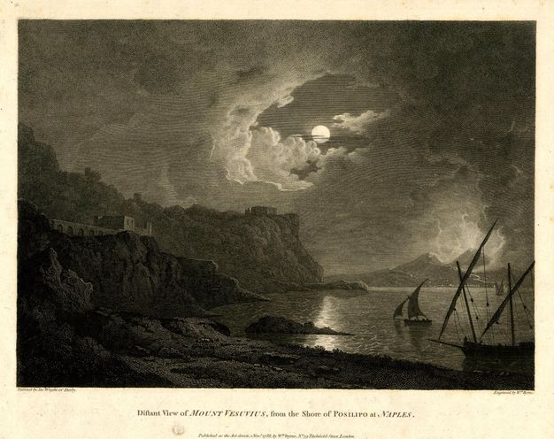 Print. Clouds swirl around a bright, full moon shining down onto rocky cliffs and a mountain lining a body of water. An erupting volcano glows in the distance to our right.