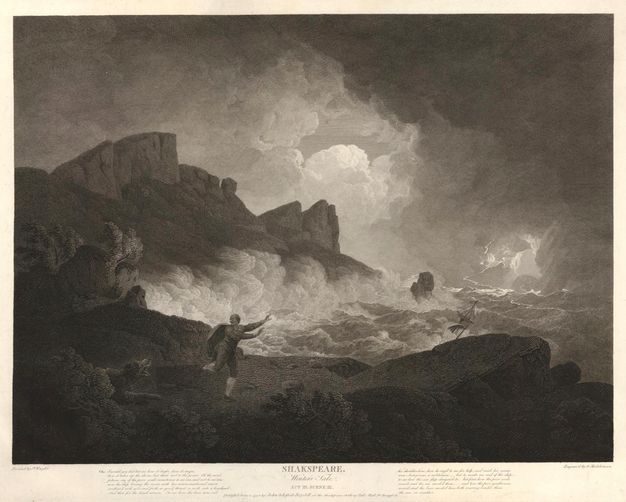 Print. Waves crash on a rocky shore under roiling clouds in this engraving. A man runs from a bear near the lower left. A long inscription is below.