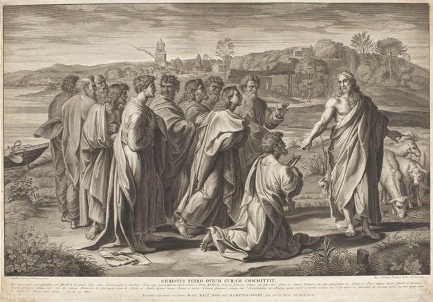 Print. A muscular man wrapped in a robe hands an oversized key to a kneeling, bearded man in this engraving. Eleven men gathered to our left look on or at each other, all against a deep landscape next to a body of water.