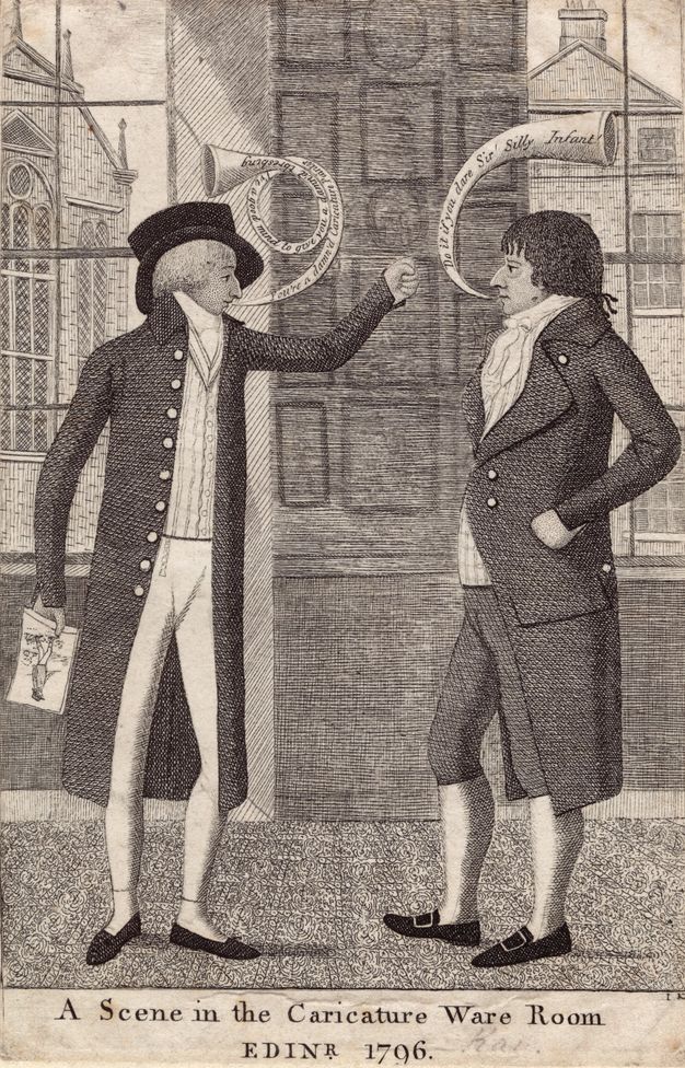Print Two pale-skinned men wearing suits stand facing each other. Horn-like speech bubbles curl from each man’s lips. The man to our left holds a publication in one hand and his other first up. The other man faces him, hand on hip.