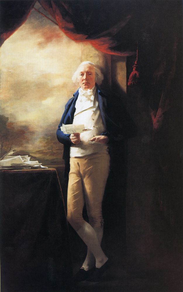 Painting. A pale-skinned man with white hair and rosy cheeks stands with his ankles crossed, leaning against a window frame in this full-length portrait. He holds an opened letter in one hand, and the other tucks into the pocket of his white vest.